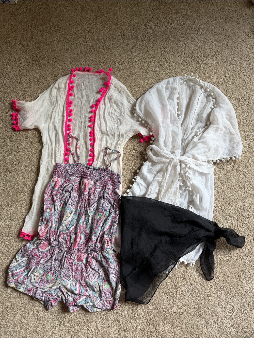Lot of Swim Cover Ups Pom-Pom Kimono and Patterned Romper Set with Black Sarong
